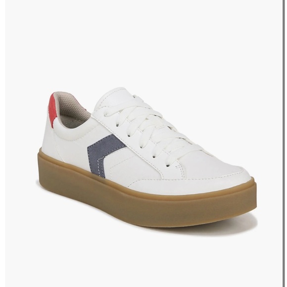 Dr Scholl’s Madison Lace Platform Sneaker in White/Blue/Red Fabric - Picture 1 of 2